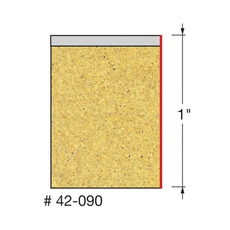 A technical diagram of the Freud 47-090 flush trim bit illustrating the 1-inch carbide cutting height with a red vertical line and arrows indicating measurement points.