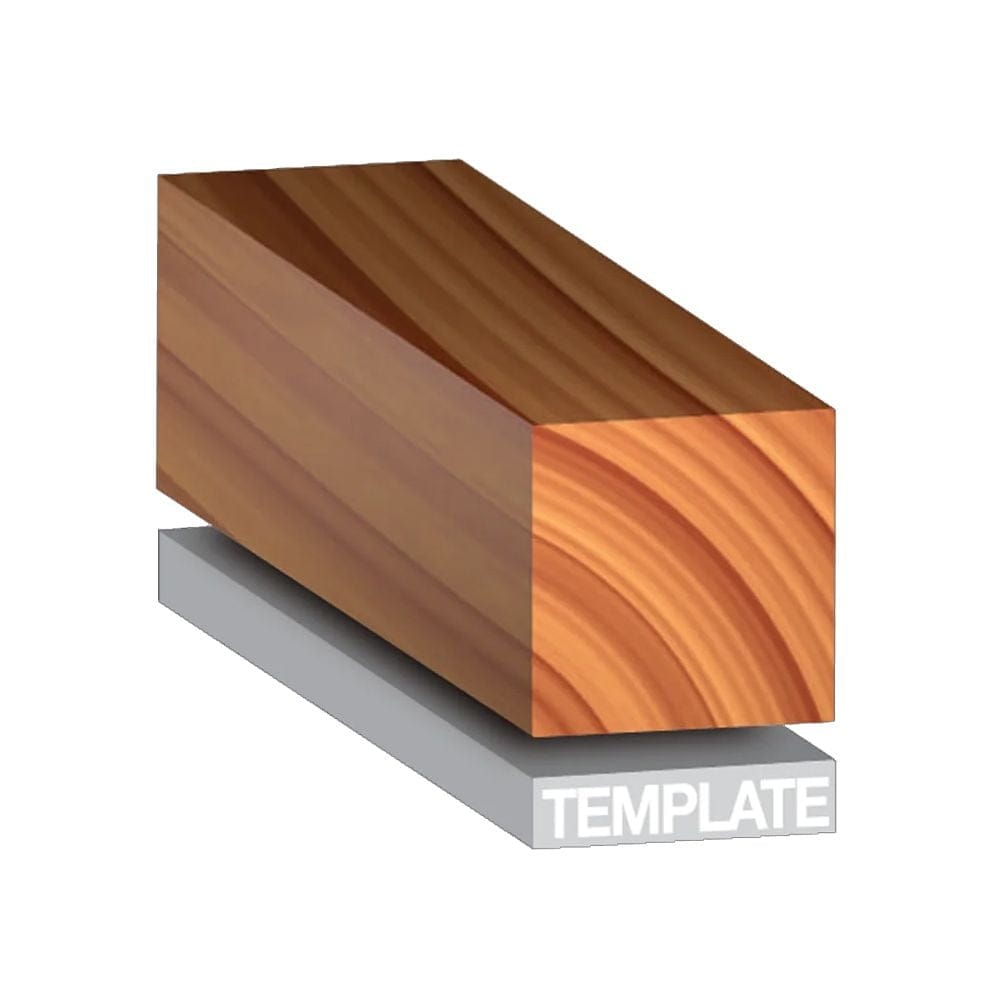 An informational graphic demonstrating pattern duplication, showing a wood block resting on a grey template to illustrate how the pilot bearing follows a guide for precise trimming.