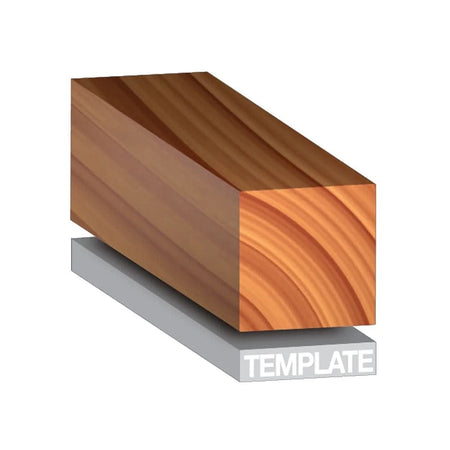 An informational graphic demonstrating pattern duplication, showing a wood block resting on a grey template to illustrate how the pilot bearing follows a guide for precise trimming.