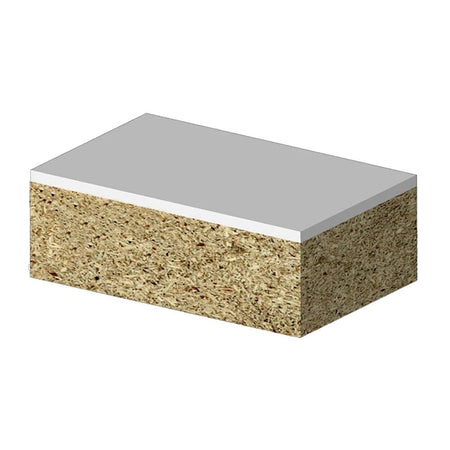 An informational graphic showing a piece of laminate material being trimmed flush to a particle board base, highlighting the primary use of the bit for countertop and cabinetry work.