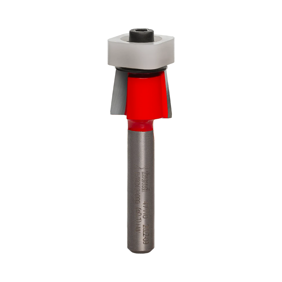 Vertical profile view of the Freud 8-degree bevel trim bit highlighting the two-flute carbide design and ball bearing guide for precise plastic laminate routing.
