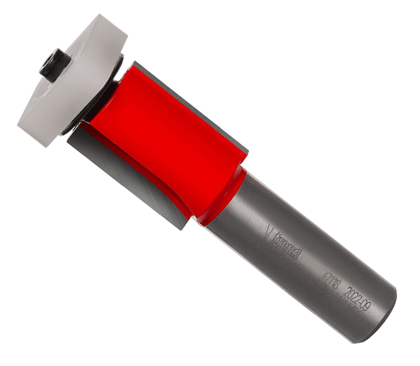 Angled view of the Freud 3/4-inch flush trim bit showcasing the two-flute carbide design and bottom-mounted ball bearing for smooth template and pattern routing.