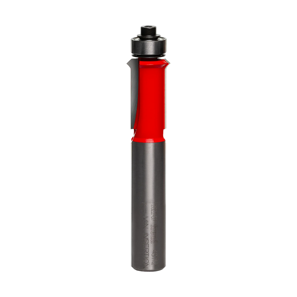 A studio product shot of the Freud 48-112 flush trim V-groove router bit, featuring a long silver 1/2-inch shank, a vibrant red body with two carbide cutting flutes, and a top-mounted silver pilot bearing.