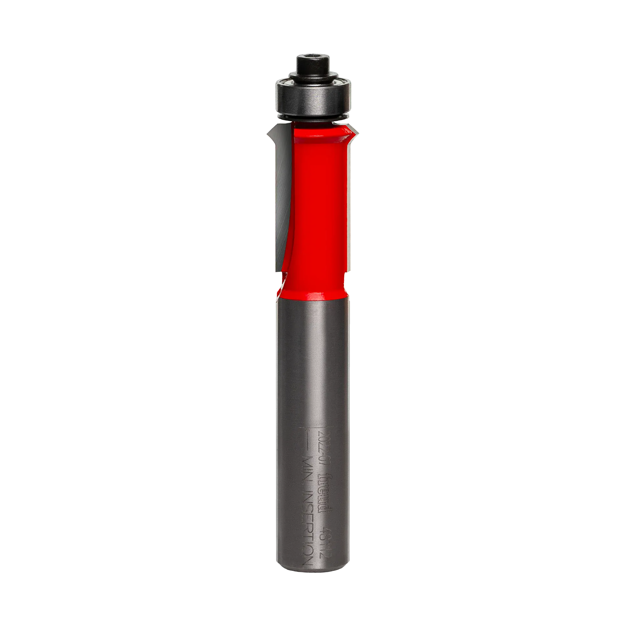 A studio product shot of the Freud 48-112 flush trim V-groove router bit, featuring a long silver 1/2-inch shank, a vibrant red body with two carbide cutting flutes, and a top-mounted silver pilot bearing.