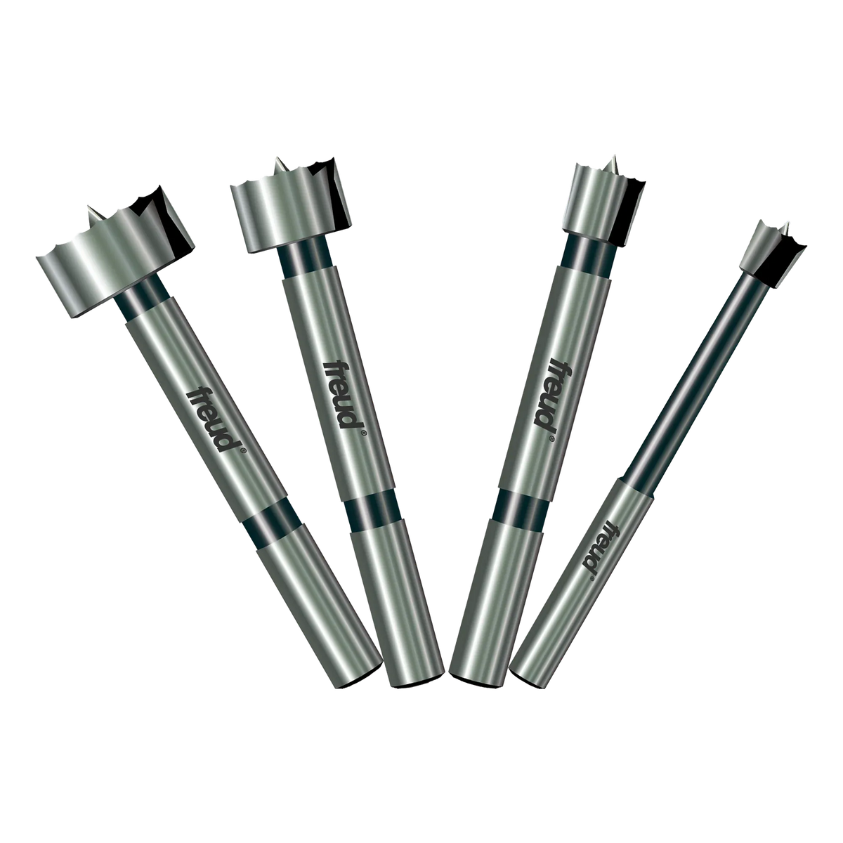 A professional product illustration of the four carbide Forstner bits included in the Freud PB-104 set, showing the progression of sizes with high-quality forged steel shanks and precision shear serrated edges.