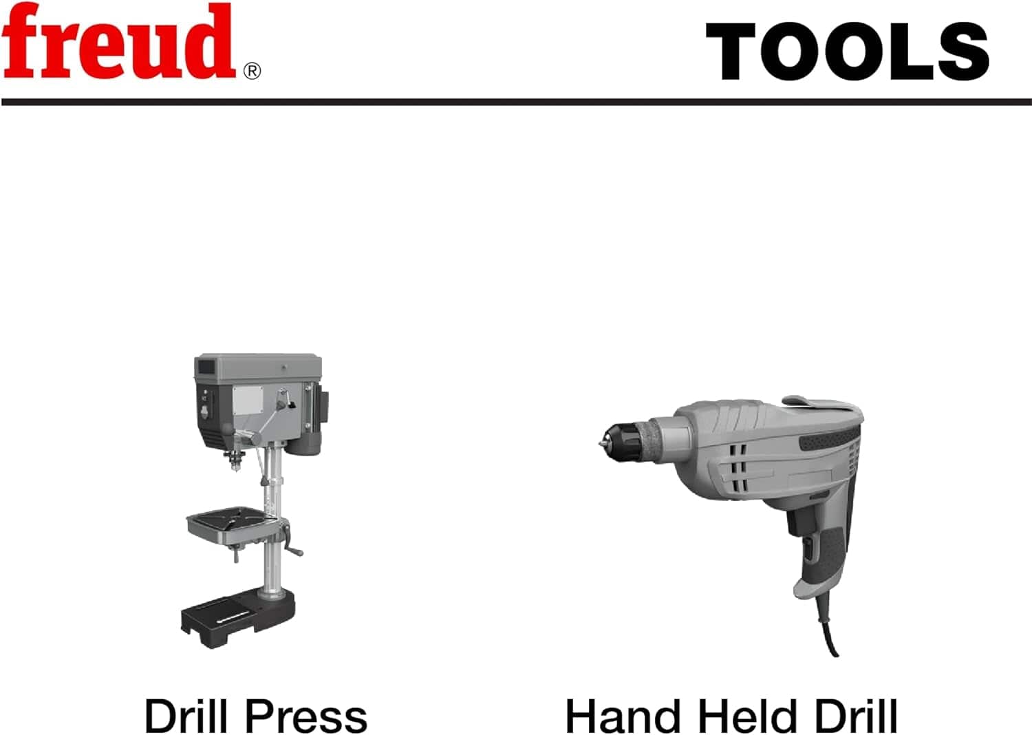 A technical graphic illustrating that the Freud PB-104 bit set is designed for use with both a stationary drill press and a handheld power drill for maximum job site versatility.