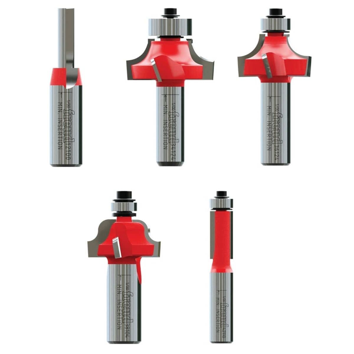 Photo of five Freud router bits arranged side by side. Each bit features a red cutting head and silver shank, with distinct profiles including straight, classical ogee, Roman ogee, round-over, and flush trim. Some bits include bearings for guided cutting. Designed for shaping wood edges in furniture and cabinetry.