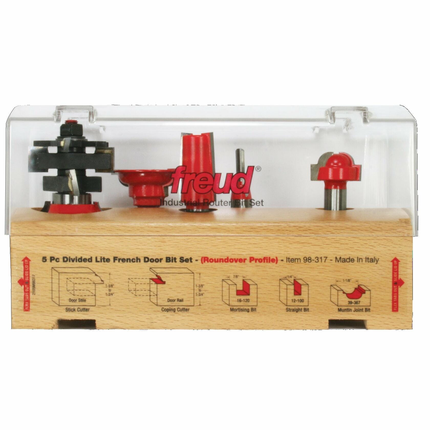 Close-up of the Freud 5-piece Divided Lite French Door Bit Set case, showing the five bits and profile diagrams for the Door Stile (Stick Cutter), Door Rail (Coping Cutter), Mortising Bit, Straight Bit, and Muntin Joint Bit.
