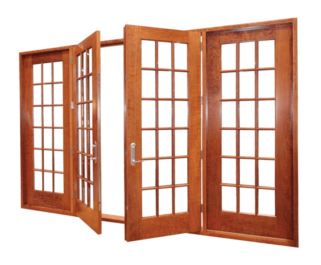 A large wooden bi-fold or patio door assembly featuring four wood-framed glass panels, illustrating the finished appearance of a French door with divided lites.