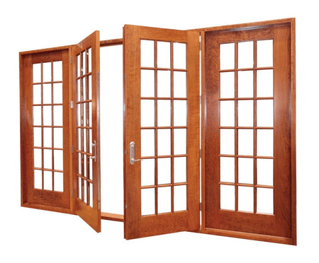 A large wooden bi-fold or patio door assembly featuring four wood-framed glass panels, illustrating the finished appearance of a French door with divided lites.