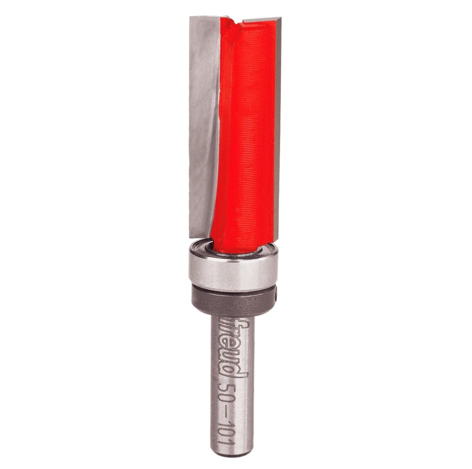 A studio product shot of the Freud 50-101 top bearing flush trim router bit, featuring a silver 1/4-inch shank, a vibrant red dual-flute body, and a silver pilot bearing mounted between the shank and the cutters.