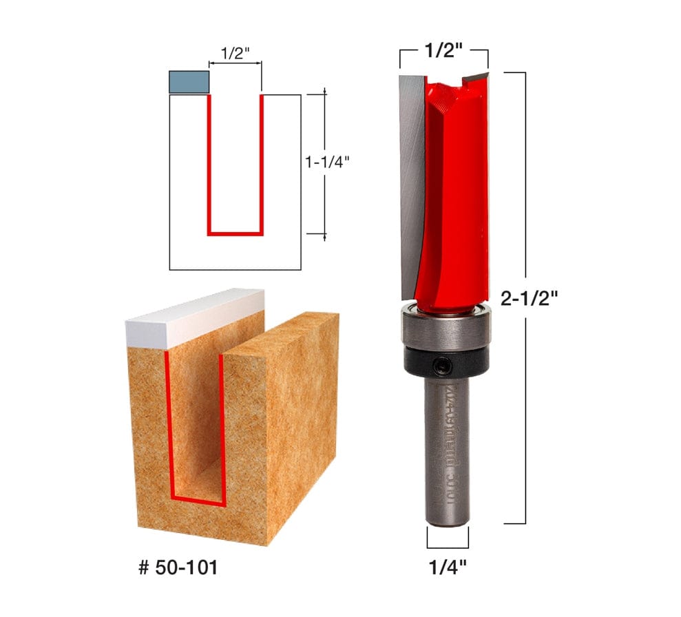 A technical diagram and product view of the Freud 50-101 bit, illustrating a 1/2-inch cutting diameter, a 1-1/4-inch carbide height, and a 2-1/2-inch overall length, alongside a 3D graphic showing the bit creating a flush groove in a wood block.
