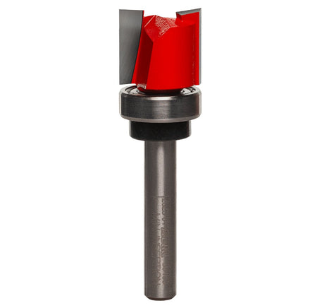 Freud 50-103 5/8-inch top bearing flush trim router bit featuring industrial carbide-tipped cutters and red Perma-SHIELD coating for precise template and pattern woodworking.