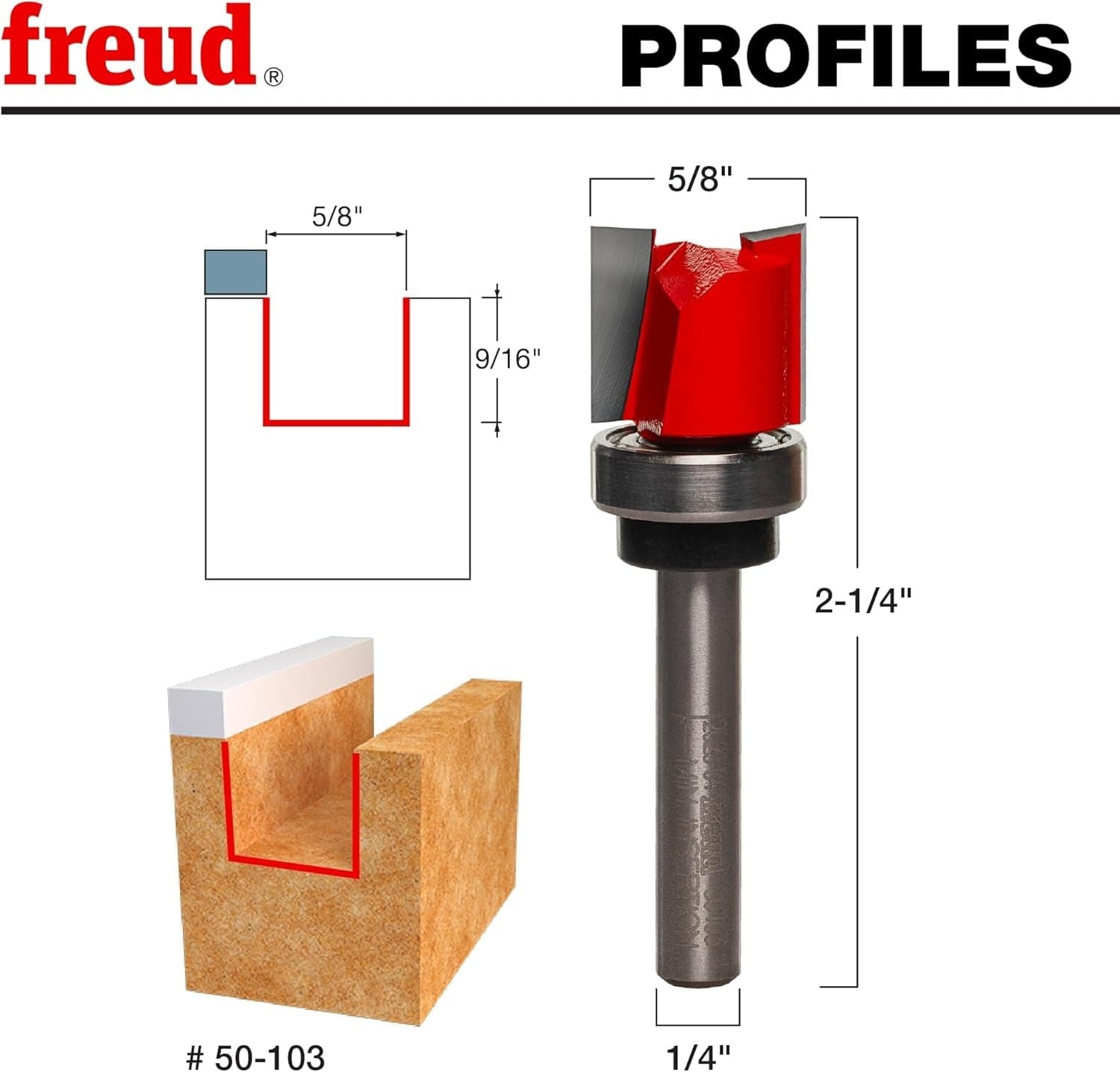 Technical woodworking diagram and vertical profile illustrating the 5/8-inch cutting diameter and 9/16-inch carbide height of the Freud 50-103 flush trim bit.