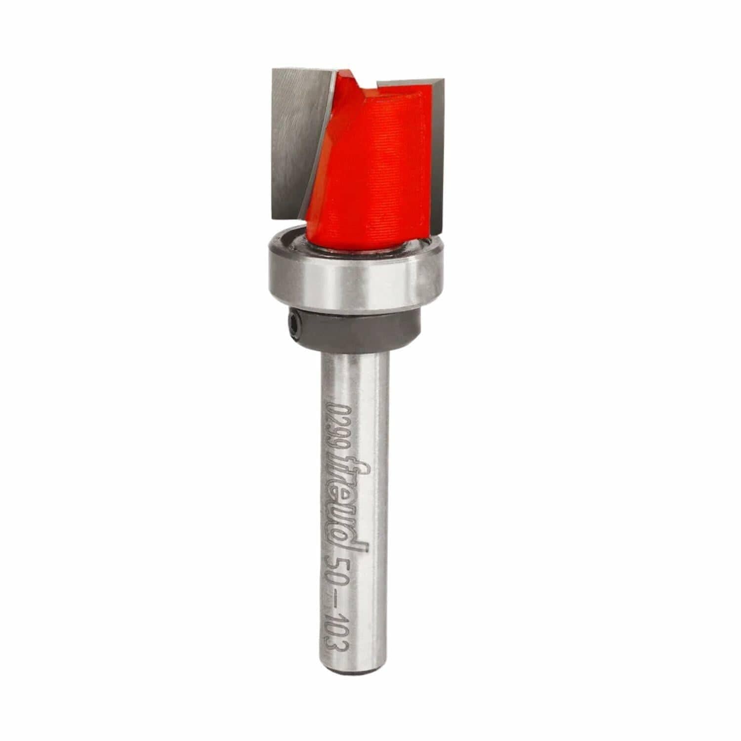 Close-up of the Freud 50-103 top bearing flush trim router bit, showing the red Perma-SHIELD coating on the carbide cutters, the guide bearing, and the shank engraving.