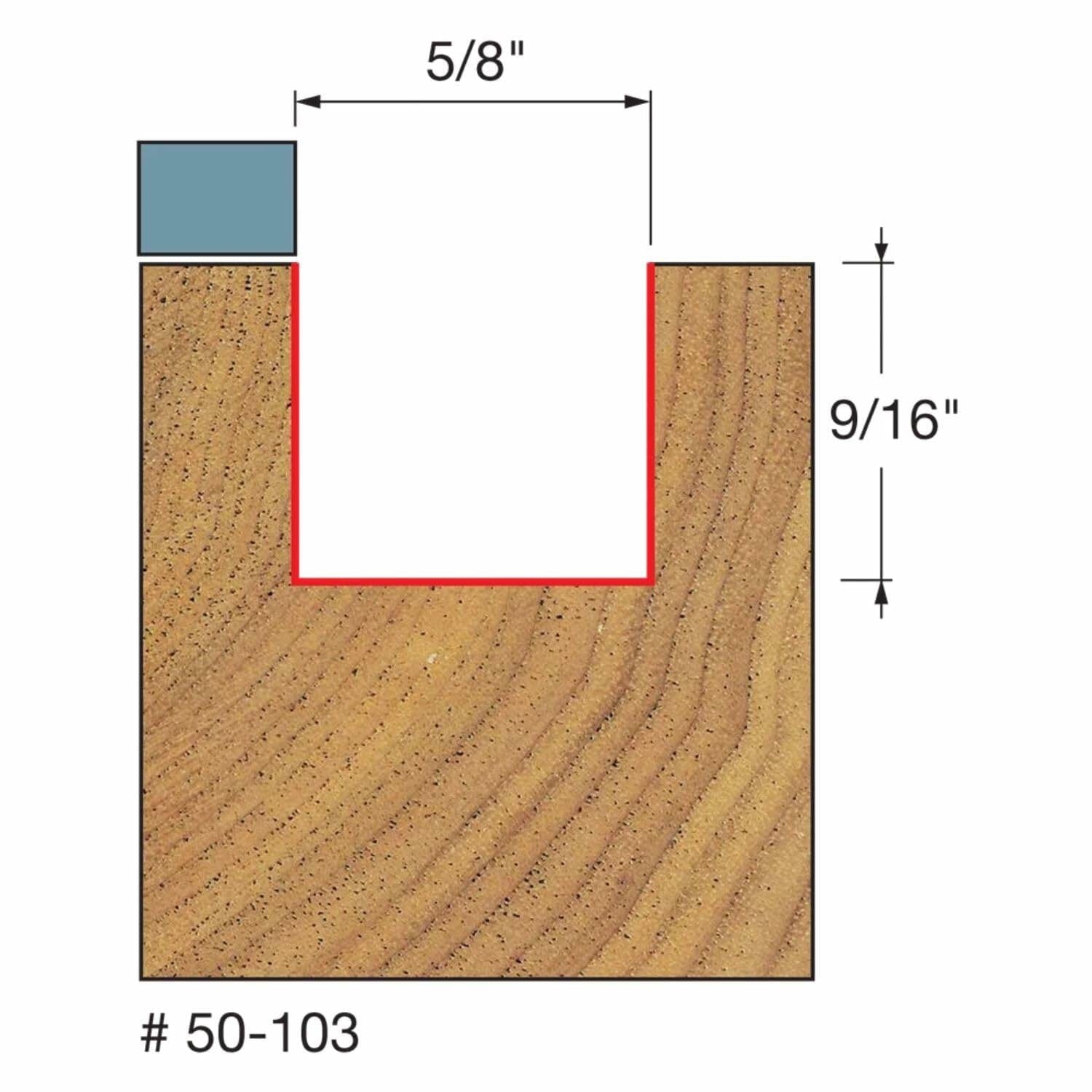 Diagram showing the router bit's profile in a piece of wood, indicating a 5/8 inch diameter and a 9/16 inch cutting height, for flush trimming material based on an upper template.