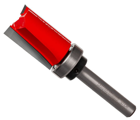 Freud 50-104 5/8-inch top bearing flush trim router bit featuring red Perma-SHIELD coating and high-density carbide cutters for precision template woodworking.