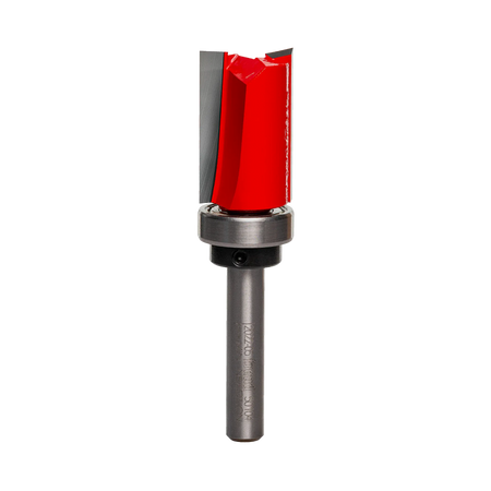 Vertical profile view of the Freud 5/8-inch top bearing flush trim bit highlighting the 1-inch carbide cutting height and 1/4-inch shank for industrial routing.