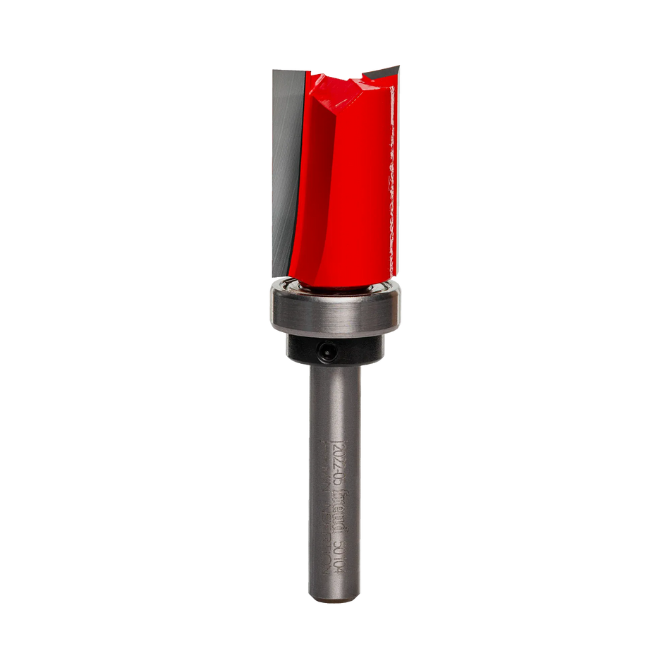 Vertical profile view of the Freud 5/8-inch top bearing flush trim bit highlighting the 1-inch carbide cutting height and 1/4-inch shank for industrial routing.
