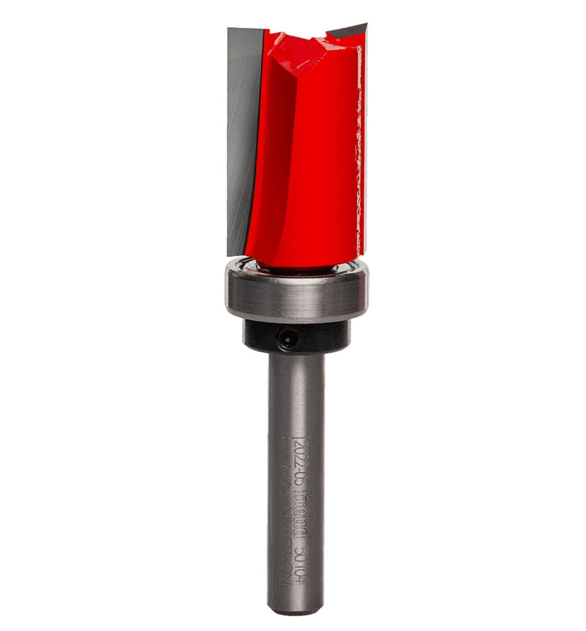 Vertical profile view of the Freud 5/8-inch top bearing flush trim bit highlighting the 1-inch carbide cutting height and 1/4-inch shank for industrial routing.
