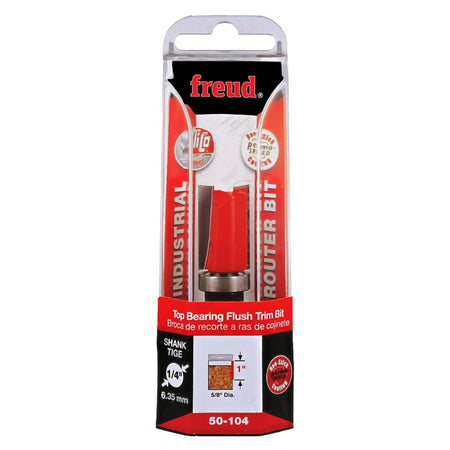 Freud 50-104 top bearing flush trim bit in original retail packaging, showcasing the 1/4-inch shank size and its suitability for template and pattern routing.