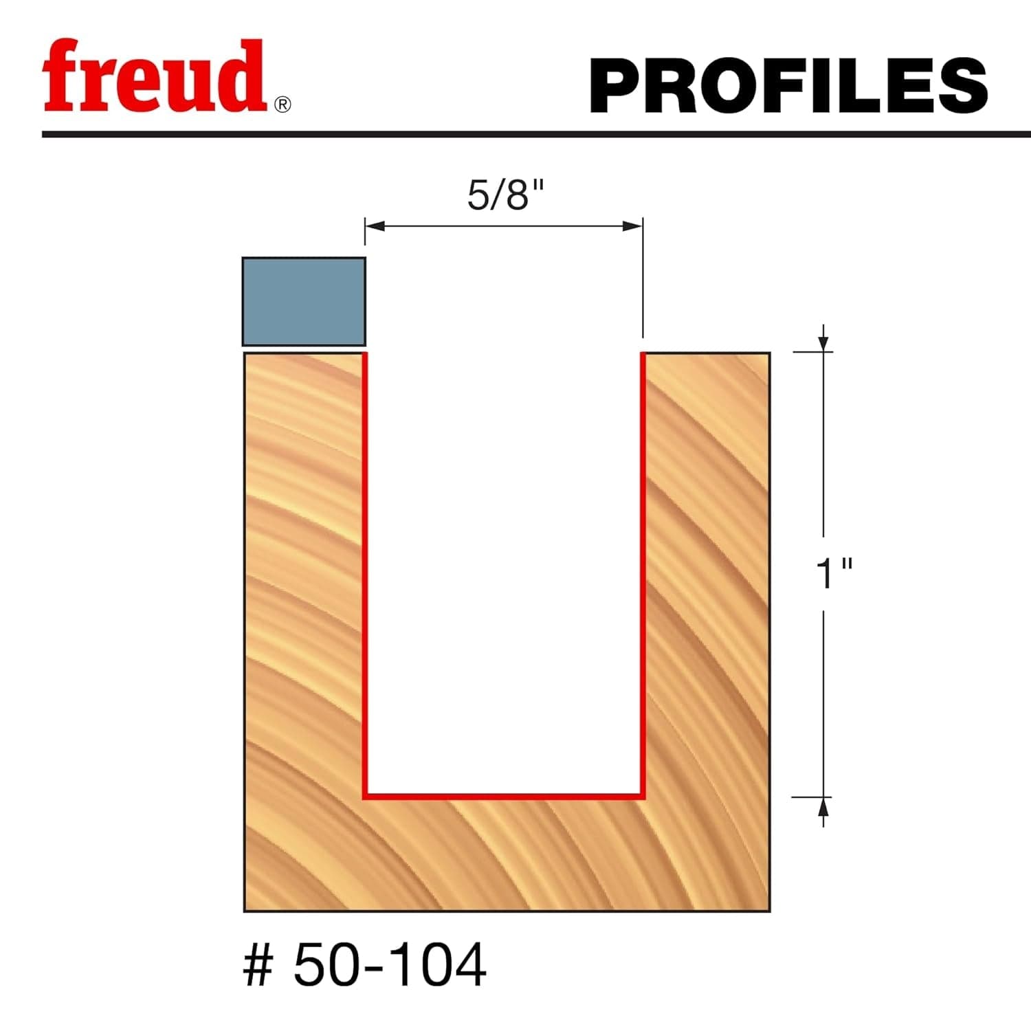 Technical woodworking diagram illustrating the 5/8-inch cutting diameter and 1-inch depth of the Freud 50-104 flush trim bit following a top-mounted template.