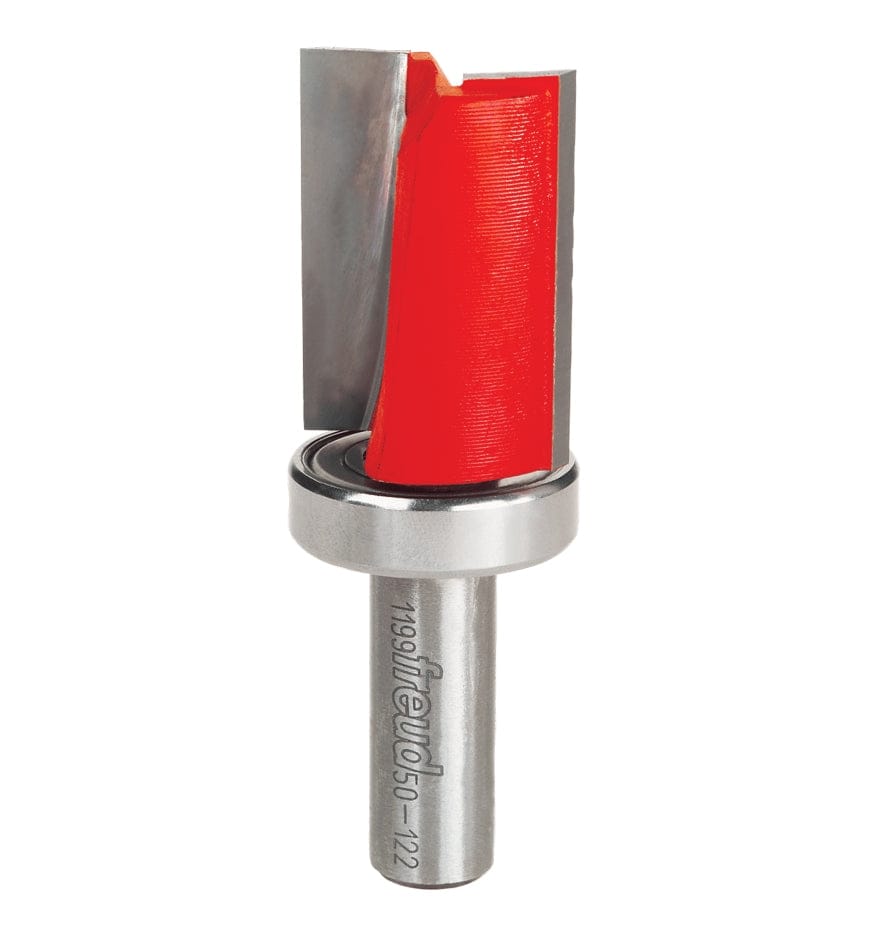 A studio product shot of the Freud 50-122 top bearing flush trim router bit, featuring a red-coated body with silver carbide cutting edges, a top-mounted ball bearing, and a polished silver shank.