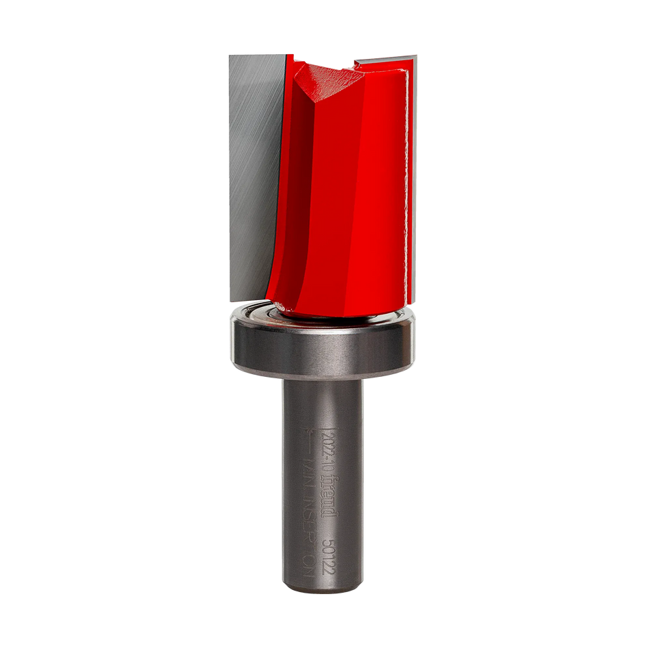 A studio product shot of the Freud 50-122 top bearing flush trim router bit, featuring a red-coated body with silver carbide cutting edges, a top-mounted ball bearing, and a polished silver shank.