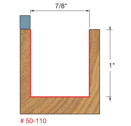 A technical diagram showing the wood profile produced by the Freud 50-110 and 50-138 bits, illustrating a 7/8-inch cutting diameter and a 1-inch cutting height with a red line indicating the vertical and horizontal flush-cut path.