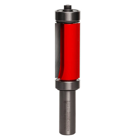 Vertical profile of the Freud 50-509 flush trim bit showing the 3/4 inch diameter cutting head with two carbide flutes and the 1/2 inch silver shank with etched model specifications.