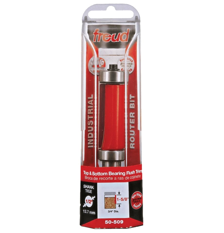 Freud 50-509 3/4 inch top and bottom bearing flush trim router bit in its original red and black industrial retail hanging package, highlighting the 1/2 inch shank and 1-5/8 inch carbide cutting height.