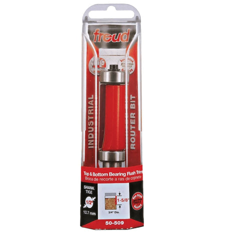 Freud 50-509 3/4 inch top and bottom bearing flush trim router bit in its original red and black industrial retail hanging package, highlighting the 1/2 inch shank and 1-5/8 inch carbide cutting height.