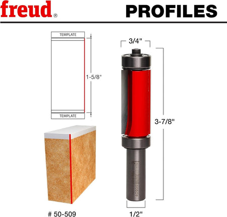 Technical profile graphic for the Freud 50-509 showing a 3/4 inch diameter, 1-5/8 inch carbide height, and 3-7/8 inch overall length alongside an illustration of a flush trim template application.