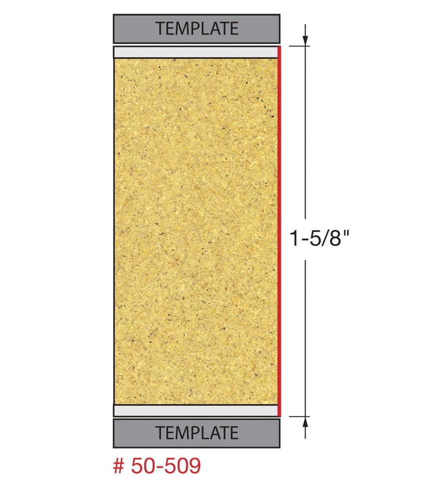 Diagram illustrating the routing application of the Freud 50-509 bit, showing a wood composite block between two templates with a red line indicating a precise 1-5/8 inch flush trim cut.