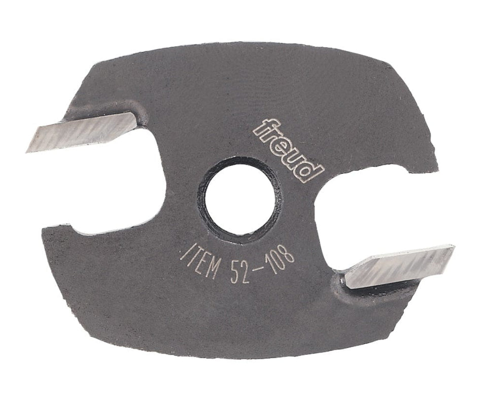 A top-down view of the Freud 52-108 replacement finger joint cutter showing the two-wing carbide-tipped design and central 5/16 inch bore used for professional wood joining projects.