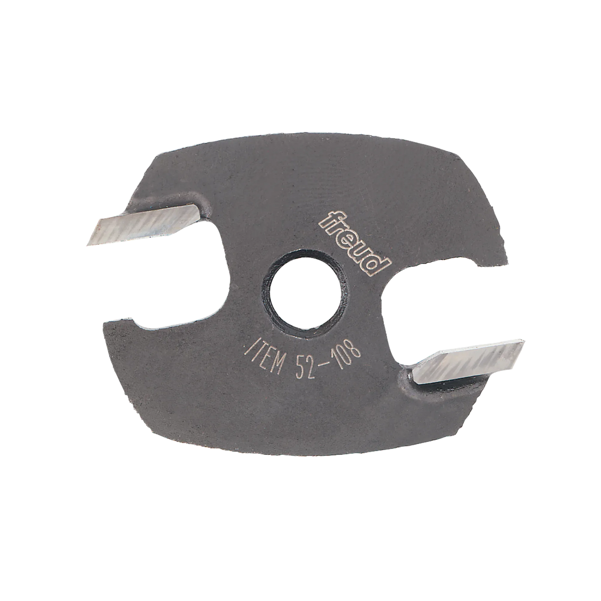 A top-down view of the Freud 52-108 replacement finger joint cutter showing the two-wing carbide-tipped design and central 5/16 inch bore used for professional wood joining projects.