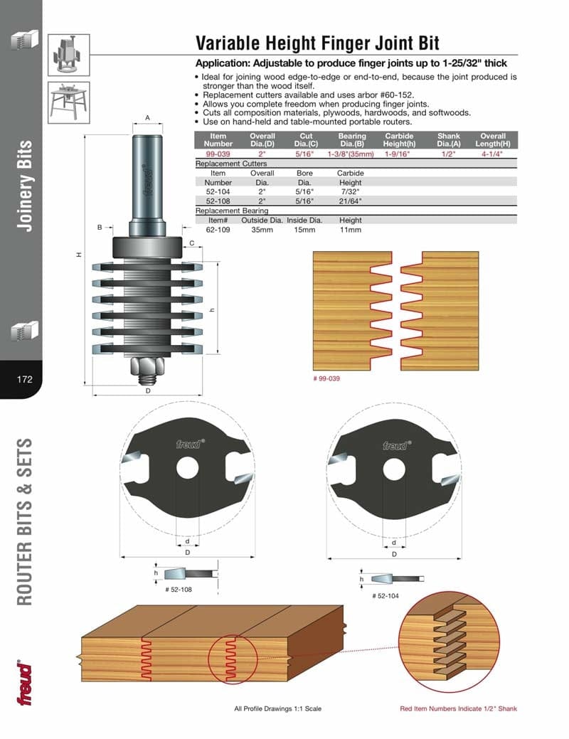 A comprehensive technical specification sheet for the Freud variable height finger joint bit system, including a table of dimensions for model 52-108 and diagrams of the cutter's profile and application on wood stock.