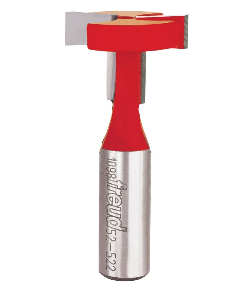 A studio product shot of the Freud 52-522 T-slotting cutter router bit, featuring a red-coated body with silver carbide cutting edges and a polished silver shank.