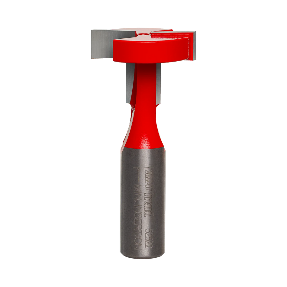 A studio product shot of the Freud 52-522 T-slotting cutter router bit, featuring a red-coated body with silver carbide cutting edges and a polished silver shank.
