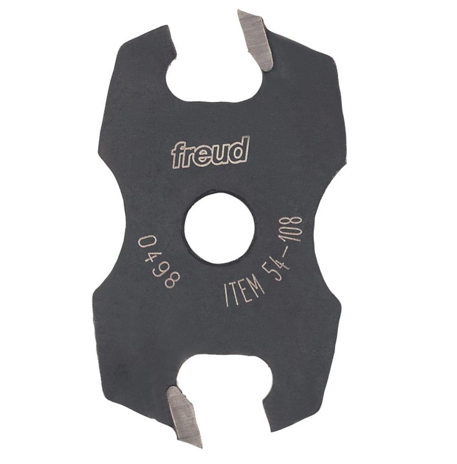 A top-down product photograph of the Freud 54-108 replacement slotting cutter featuring a dark gray body with two carbide-tipped cutting wings and a central arbor hole, labeled with the item number.