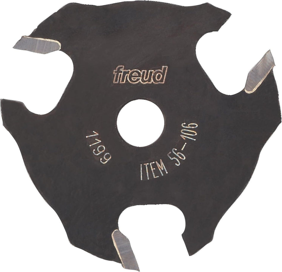 A studio product shot of the Freud 56-106 three-wing slotting cutter, featuring a black-coated body with three silver carbide cutting tips and a center bore for arbor mounting.