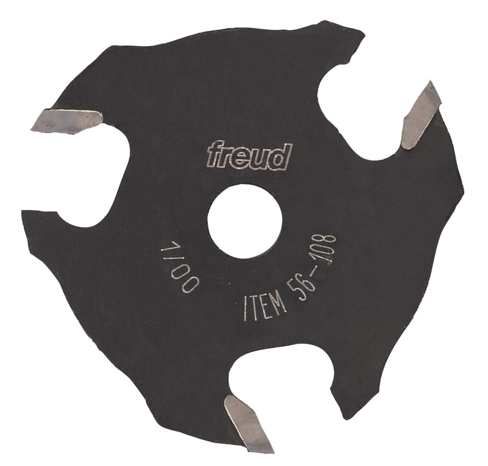 Freud 56-108 1/8-inch 3-wing slotting cutter featuring industrial carbide tips and a 5/16-inch bore for precise woodworking and joinery applications.