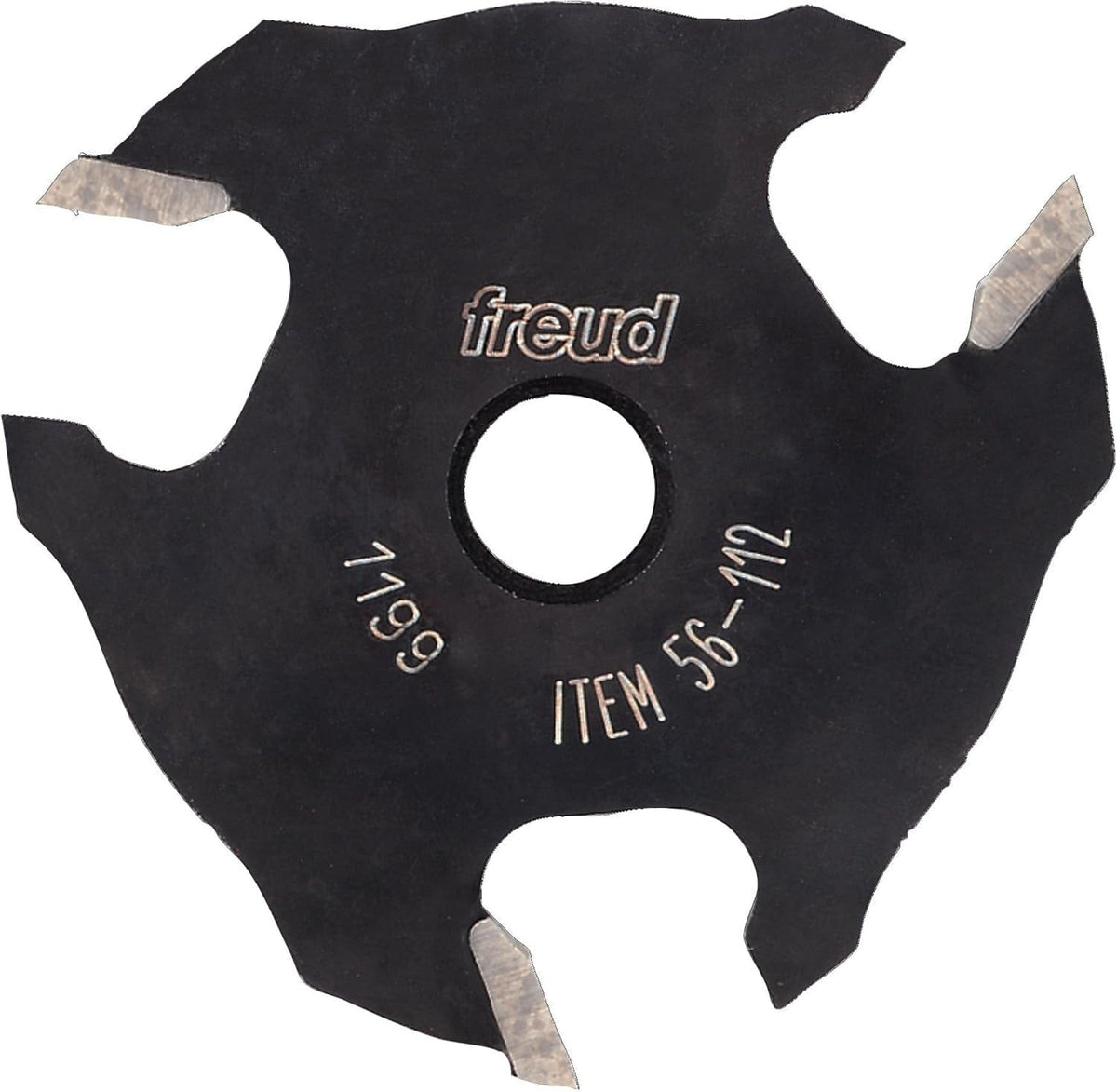 A professional studio product shot of the Freud 56-112 three-wing slotting cutter at an angle, highlighting the high-density carbide cutting edges and the signature red non-stick coating on a 2-inch diameter steel body.