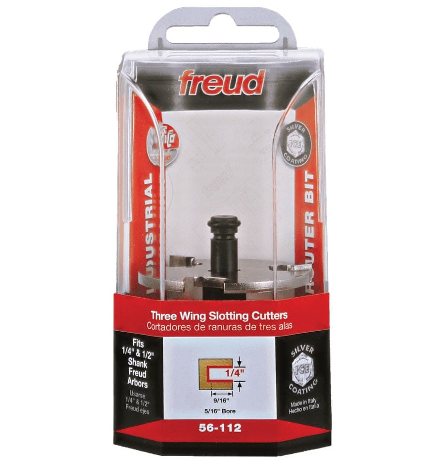 Retail clamshell packaging for the Freud 56-112 carbide slotting cutter, displaying technical specifications for a 2-inch diameter and 1/4-inch carbide height for professional joinery and T-molding applications.