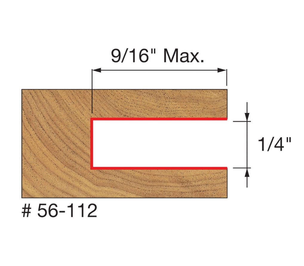 A technical profile diagram for the Freud 56-112 bit, illustrating a precise 1/4-inch wide by 9/16-inch deep horizontal groove cut into the edge of a wood workpiece.
