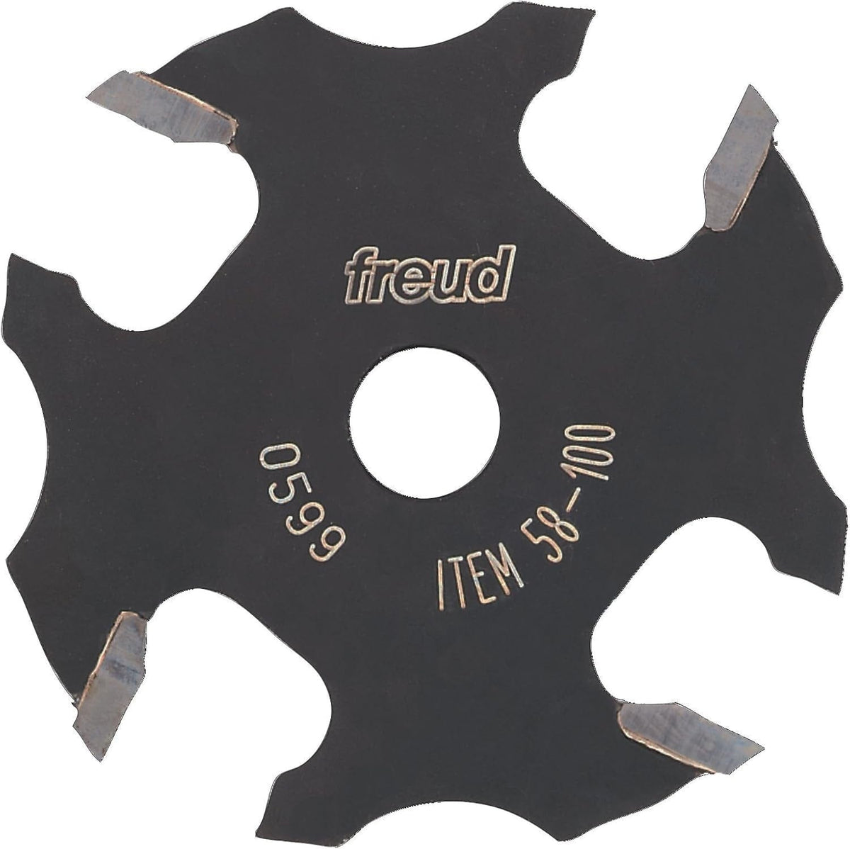 A studio product shot of the Freud 58-100 4-wing slotting cutter, featuring a black-coated body with four silver carbide cutting tips and a center bore for arbor mounting.