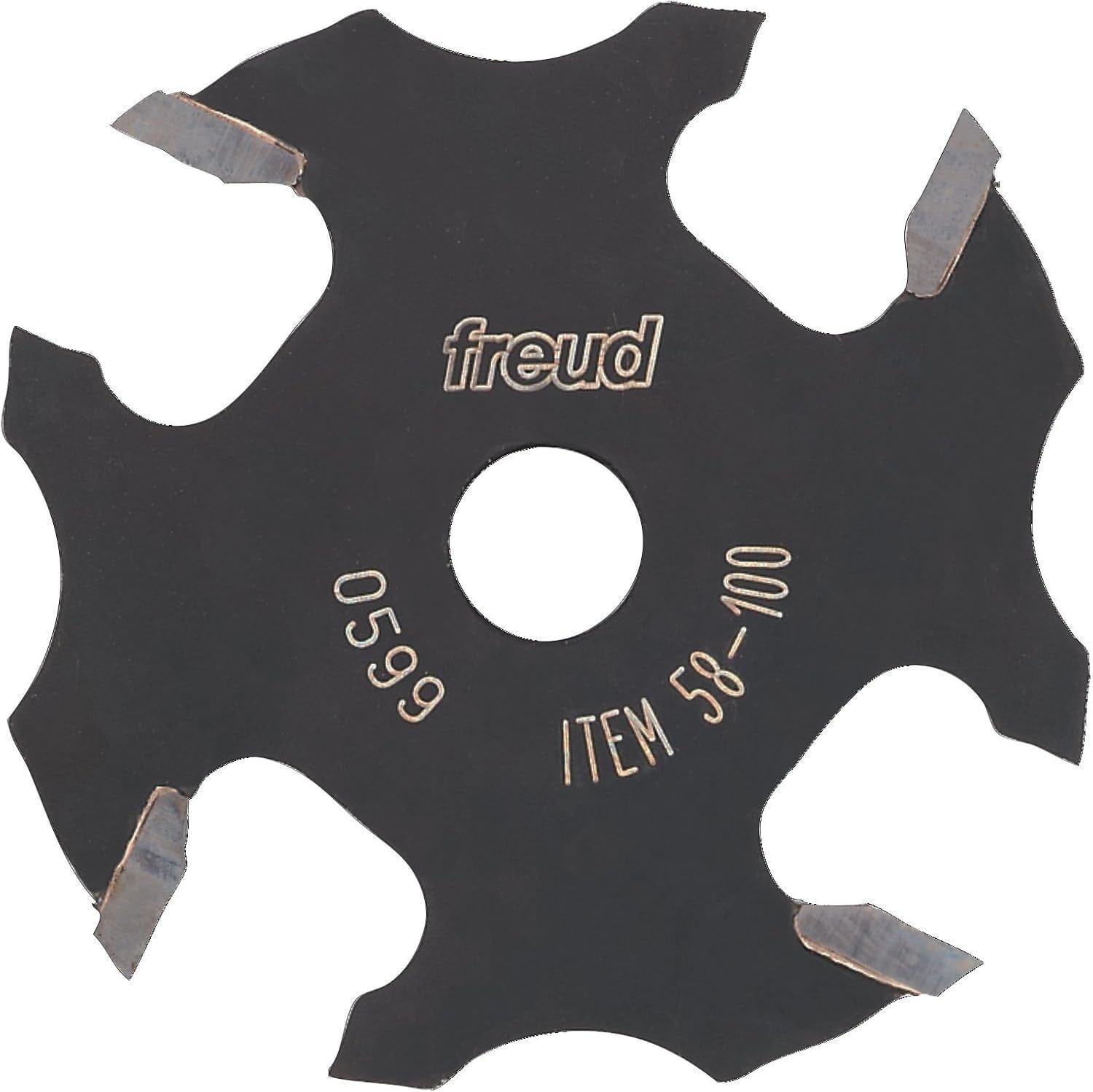 A studio product shot of the Freud 58-100 4-wing slotting cutter, featuring a black-coated body with four silver carbide cutting tips and a center bore for arbor mounting.