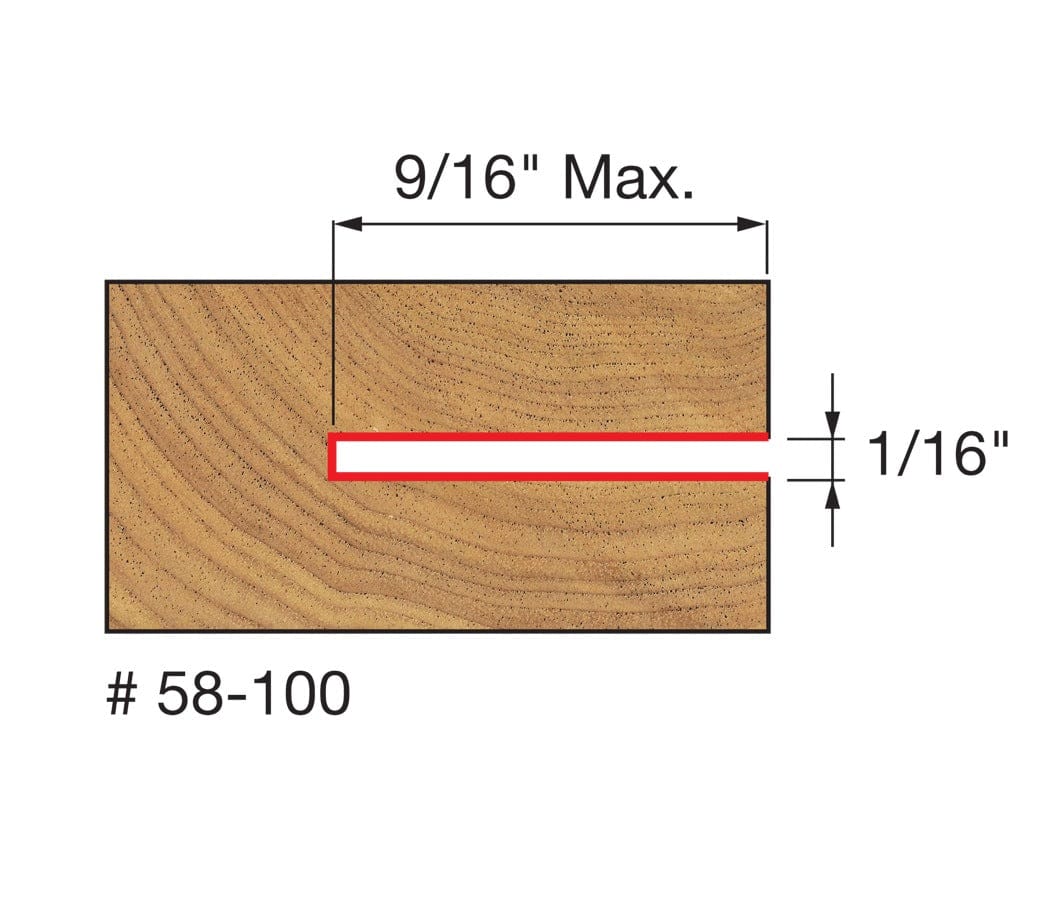 A technical diagram of a wood profile created by the Freud 58-100 cutter, illustrating a 1/16-inch slot width and a maximum horizontal cutting depth of 9/16-inch.