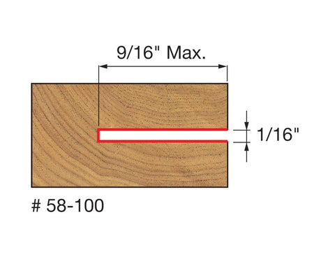 A technical diagram of a wood profile created by the Freud 58-100 cutter, illustrating a 1/16-inch slot width and a maximum horizontal cutting depth of 9/16-inch.
