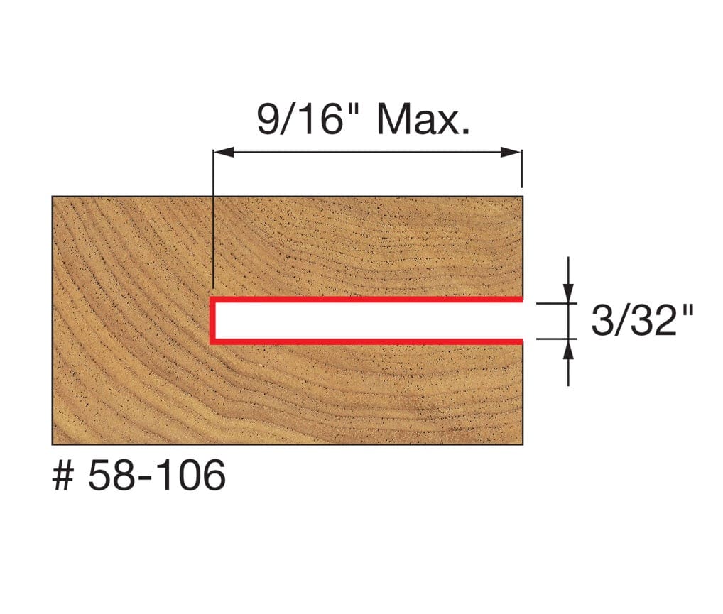 A technical diagram of a wood profile created by the Freud 58-106 cutter, illustrating a 3/32-inch slot width and a maximum horizontal cutting depth of 9/16-inch.